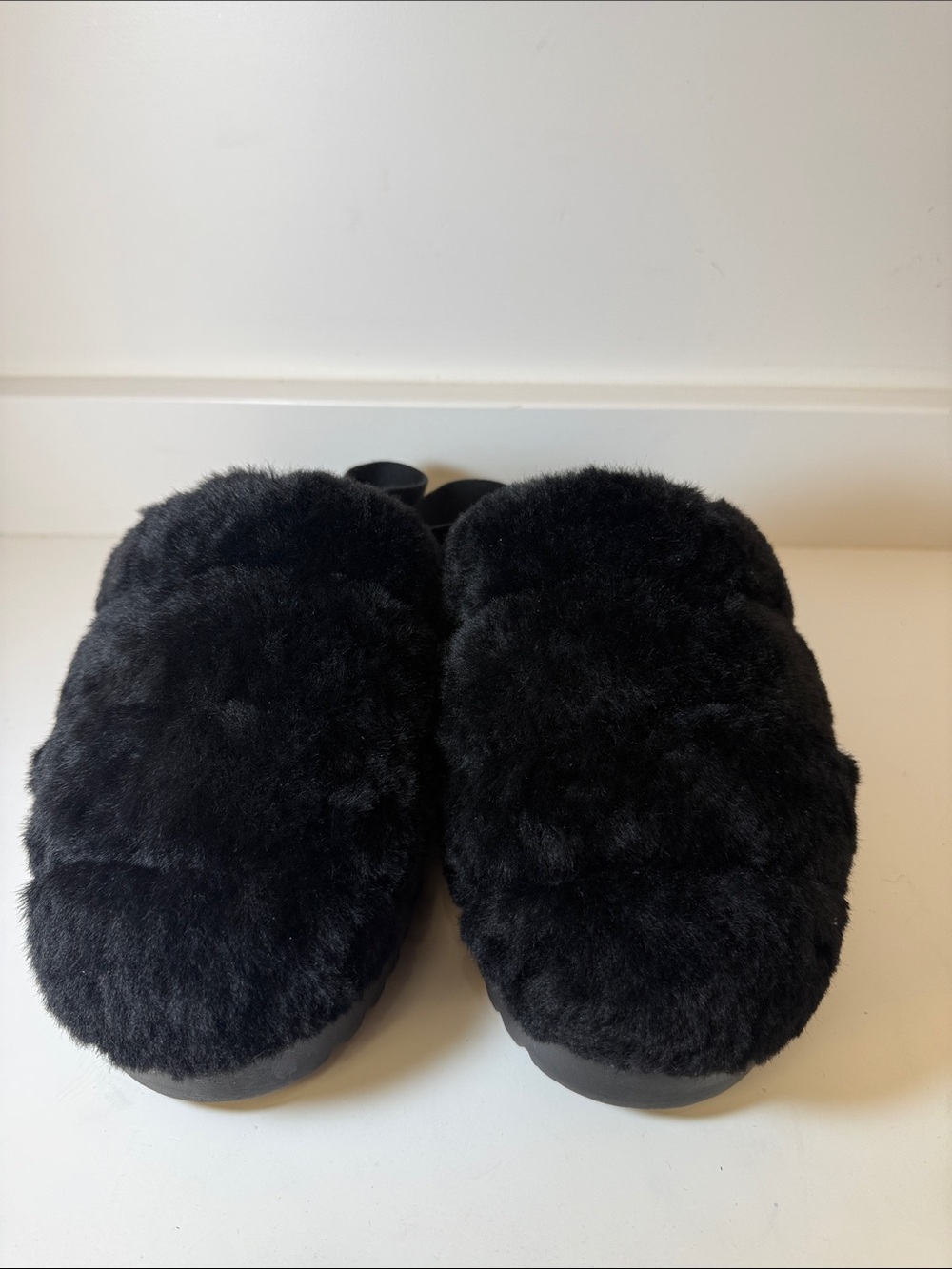 UGG Super Fluff Black Plush Shearling Slippers - Size 9
